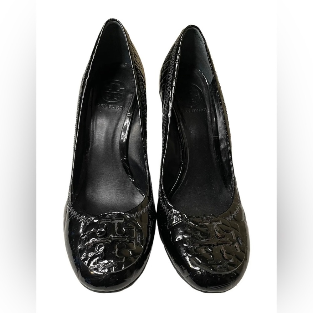 Tory Burch Black Patent Leather Riva Wedge Heels Croc Pattern Size 7.5M
